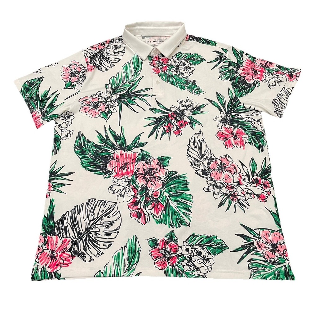 Under Armour Hawaiian Floral Playoff Polo Shirt XXL White Golf Stretch Wicking